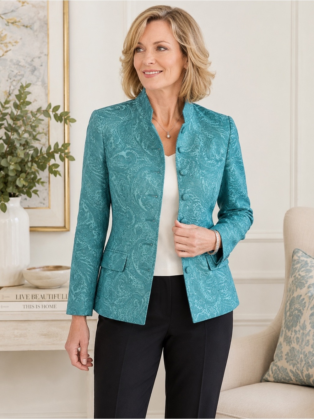 Morton McNaughton Petite Teal Paisley Textured Jacket Blazer 10P